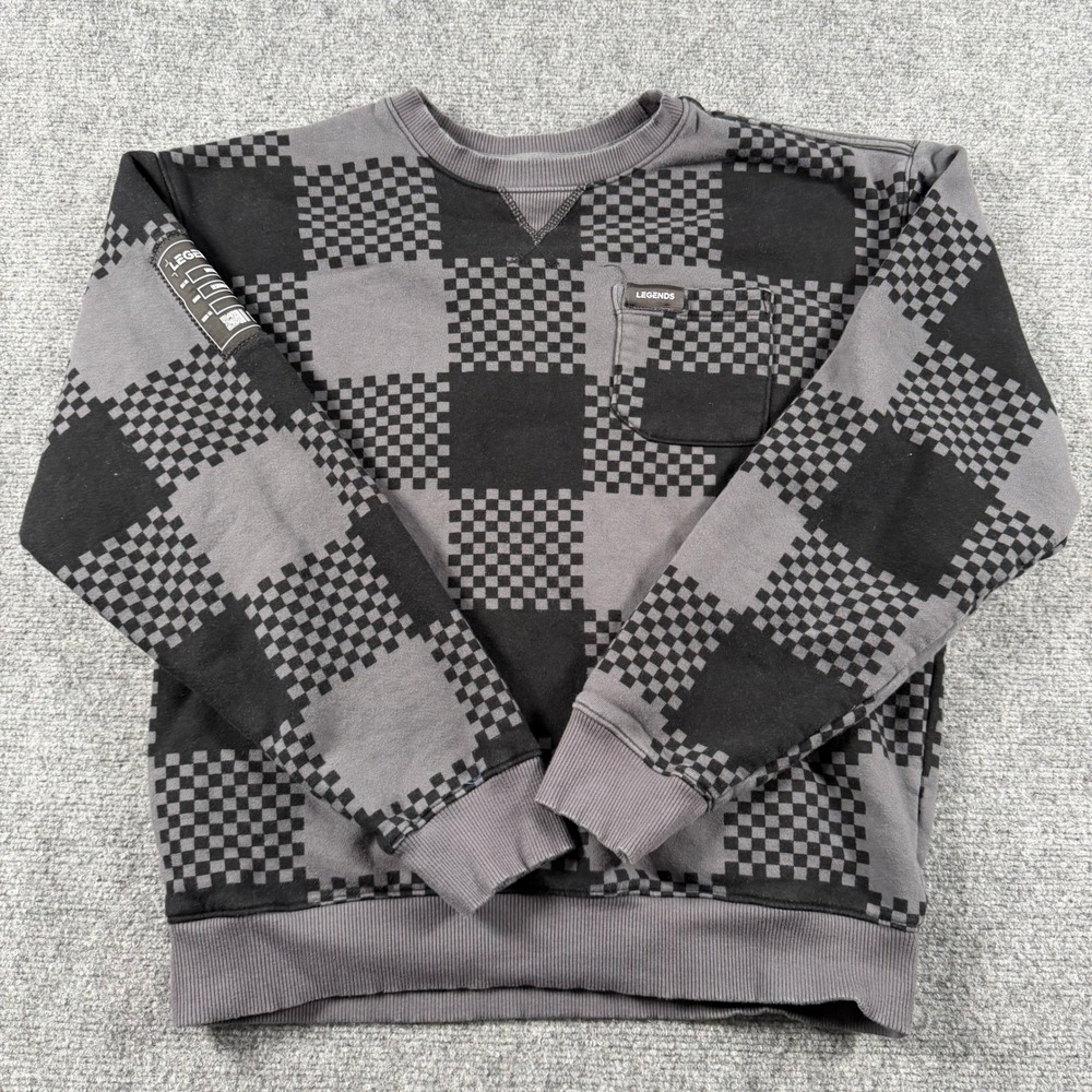 Legends Sweatshirt Mens XS Grey Black Checkered Pocket Crewneck Streetwear